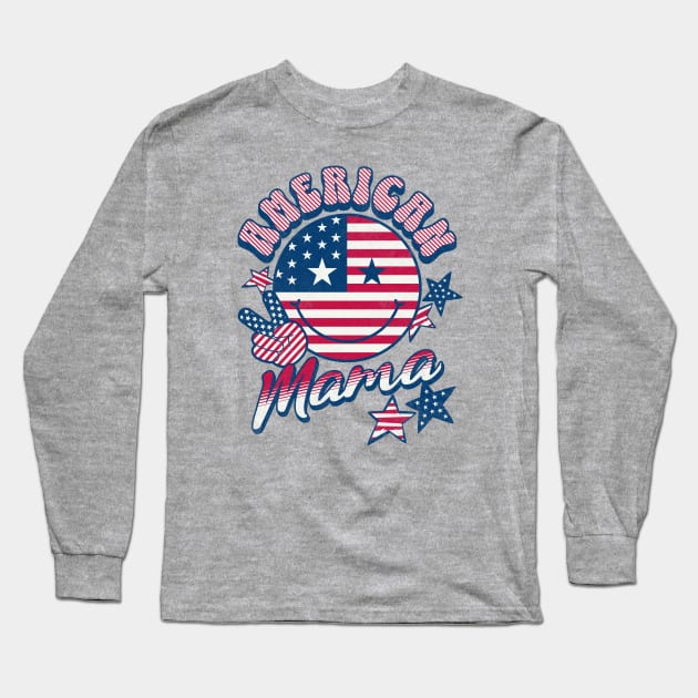 American Mama American Flag Retro Smiley Face Long Sleeve T-Shirt by PUFFYP